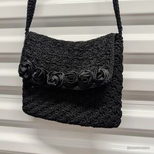 Christian Livingston Crochet Crossbody Bag Black Satin Rosette Floral Small Zip